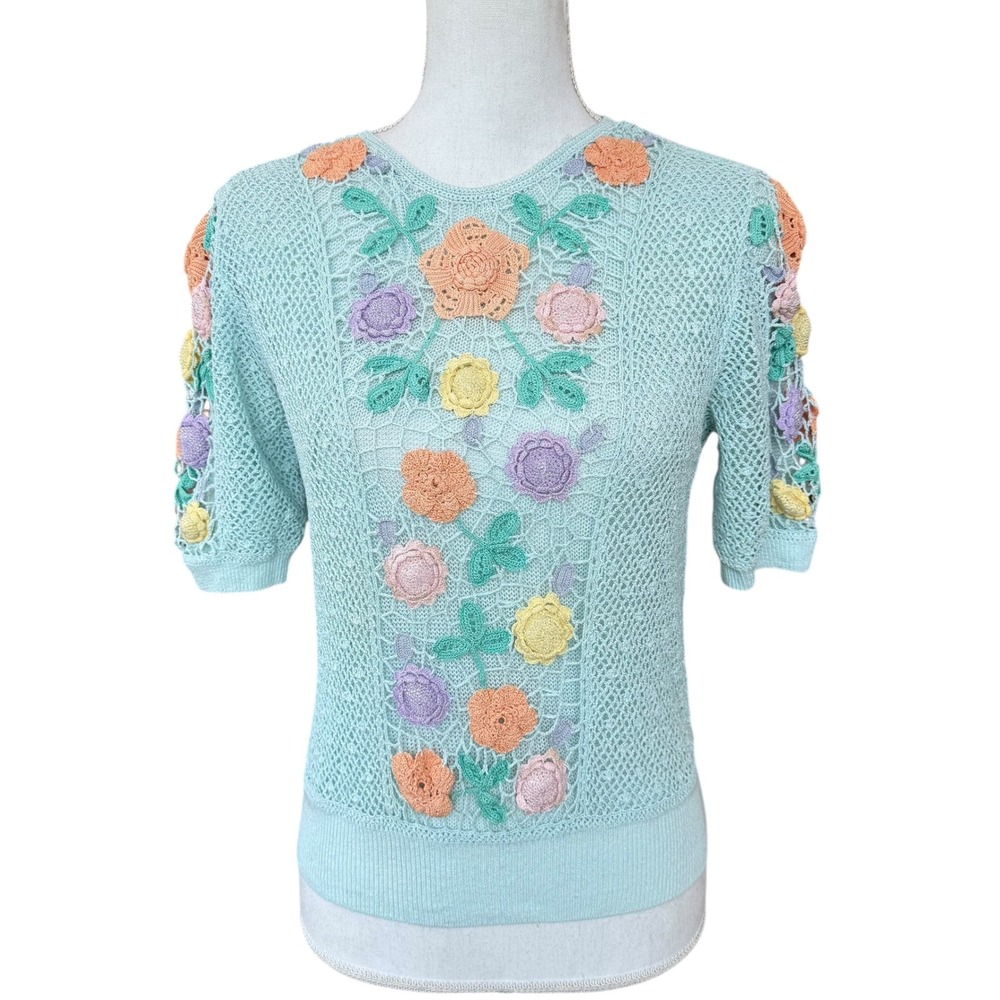 STC Aqua Blue Knit Top 3D‎ Crochet Floral Pastel Short Sleeve Small